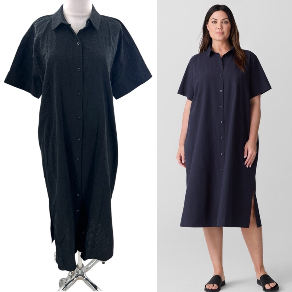 Eileen Fisher texturized Organic Cotton Classic Collar Shirtdress midi black M